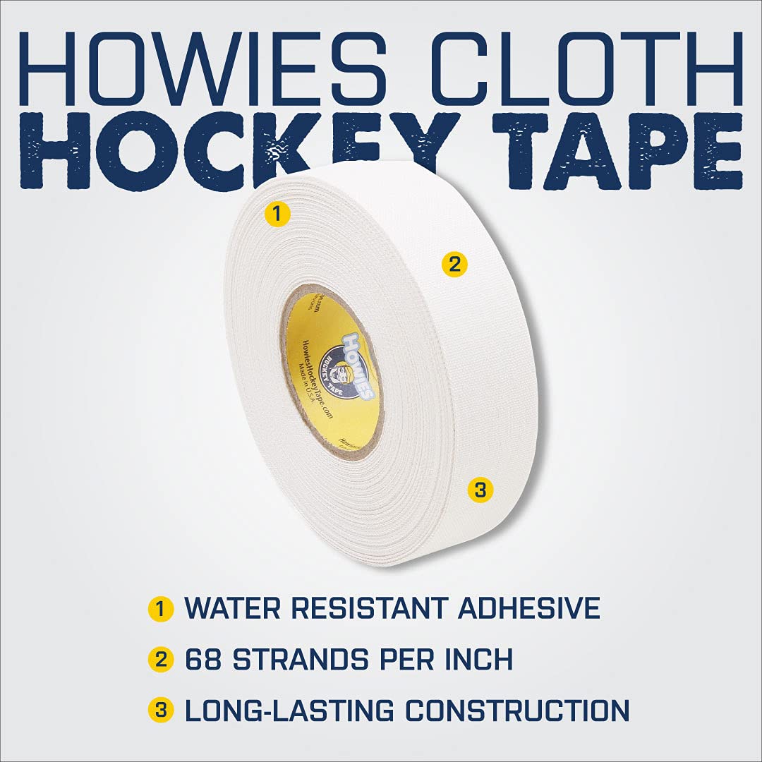 Howies Hockey Tape 6 Roll Pack - Cloth (1 Inch by 25 Yards Long) Clear/Poly (1" x 30yds) Free Tape TIN (Choose Your Colors) White, Black, Clear Shin Pad Sock Tape (6 White)