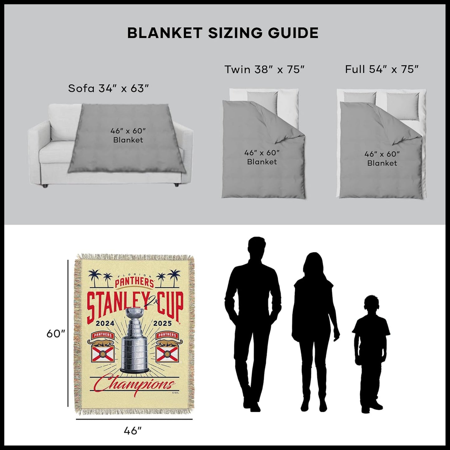 NORTHWEST Florida Panthers 2025 Stanley Cup Champions Recorded Woven Tapestry Throw Blanket – Official NHL, 48 x 60 Inches, Decorative Fringed Edges, Soft Polyester, Team Logo, Championship Gift
