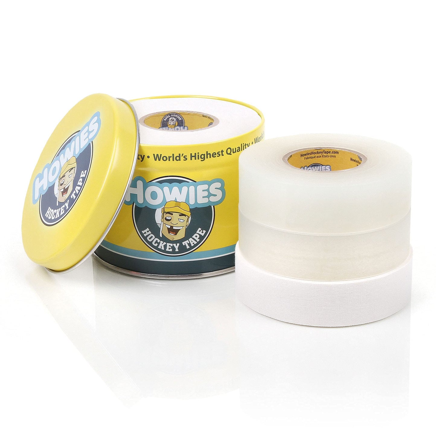 Howies Hockey Tape 6 Roll Pack - Cloth (1 Inch by 25 Yards Long) Clear/Poly (1" x 30yds) Free Tape TIN (Choose Your Colors) White, Black, Clear Shin Pad Sock Tape (6 White)