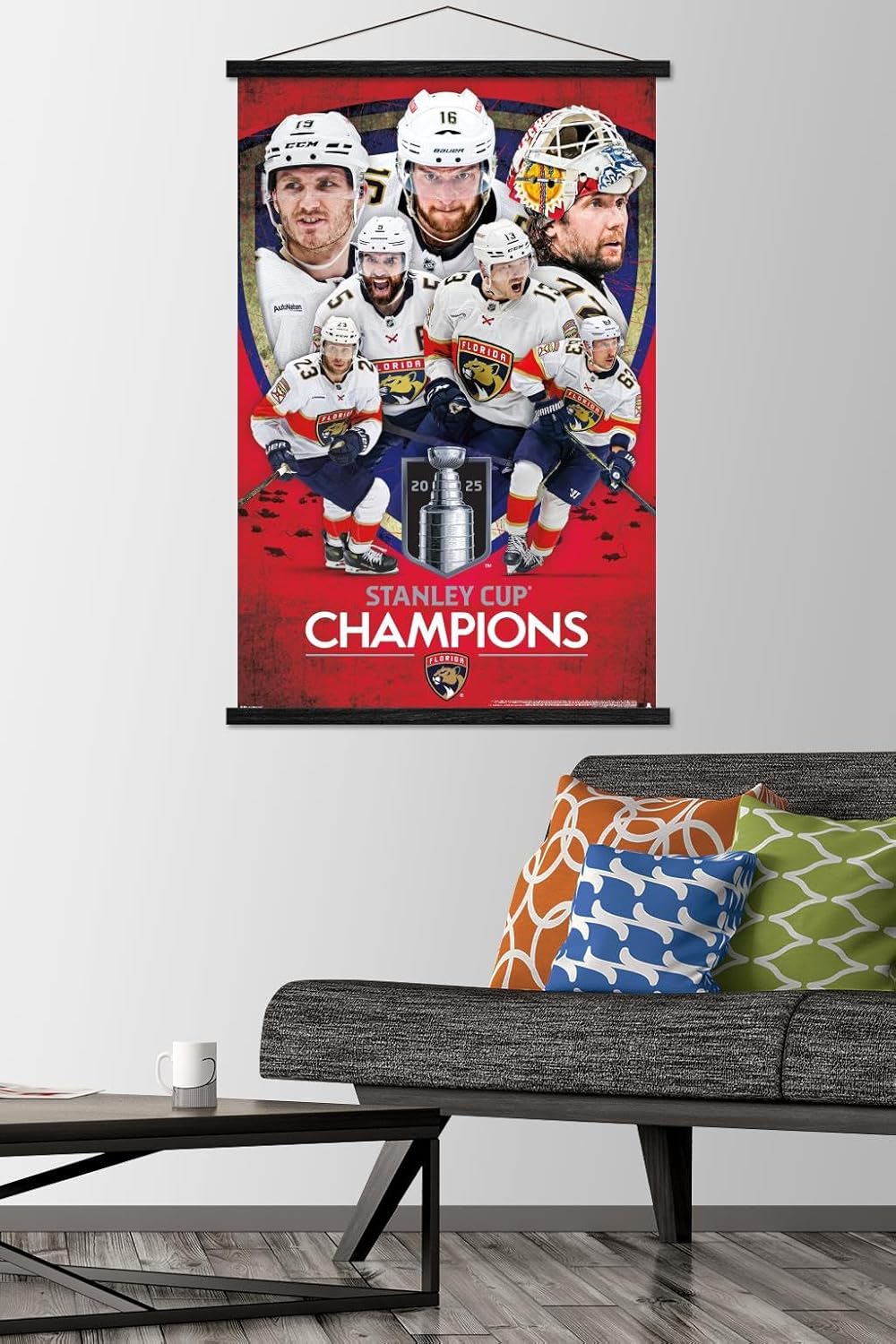 Trends International NHL Florida Panthers - 2025 Stanley Cup Champions Wall Poster with Magnetic Frame, 34L x 22.4W, Premium Print and Beechwood Hanger Bundle