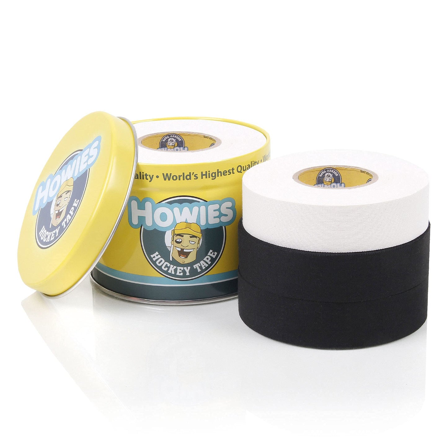 Howies Hockey Tape 6 Roll Pack - Cloth (1 Inch by 25 Yards Long) Clear/Poly (1" x 30yds) Free Tape TIN (Choose Your Colors) White, Black, Clear Shin Pad Sock Tape (6 White)