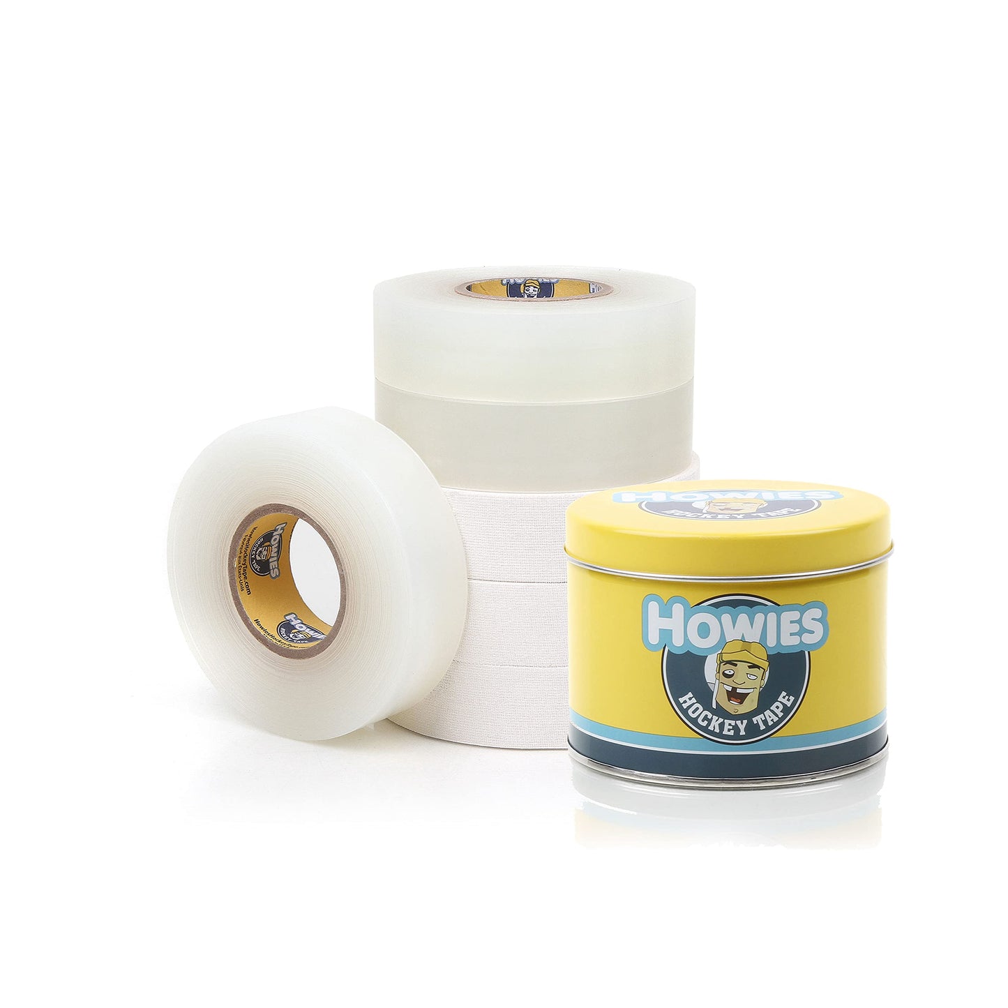 Howies Hockey Tape 6 Roll Pack - Cloth (1 Inch by 25 Yards Long) Clear/Poly (1" x 30yds) Free Tape TIN (Choose Your Colors) White, Black, Clear Shin Pad Sock Tape (6 White)