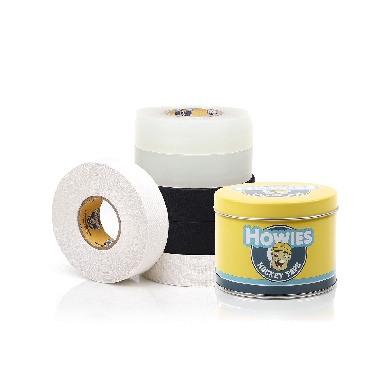 Howies Hockey Tape 6 Roll Pack - Cloth (1 Inch by 25 Yards Long) Clear/Poly (1" x 30yds) Free Tape TIN (Choose Your Colors) White, Black, Clear Shin Pad Sock Tape (6 White)