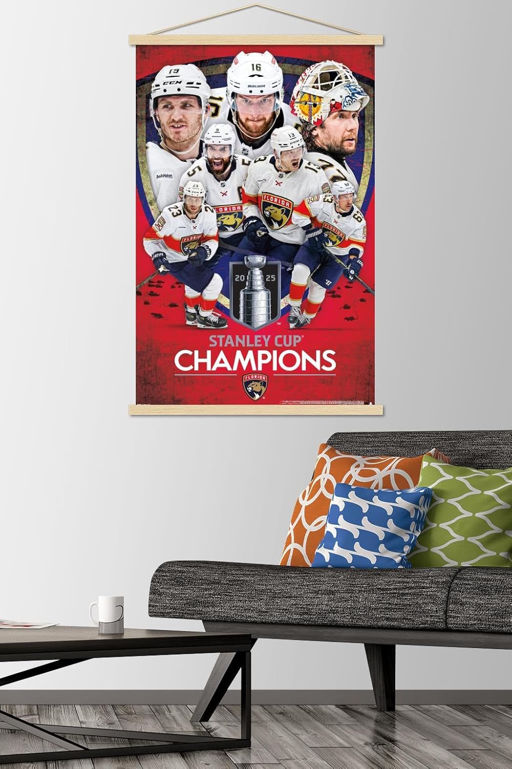 Trends International NHL Florida Panthers - 2025 Stanley Cup Champions Wall Poster with Magnetic Frame, 34L x 22.4W, Premium Print and Beechwood Hanger Bundle