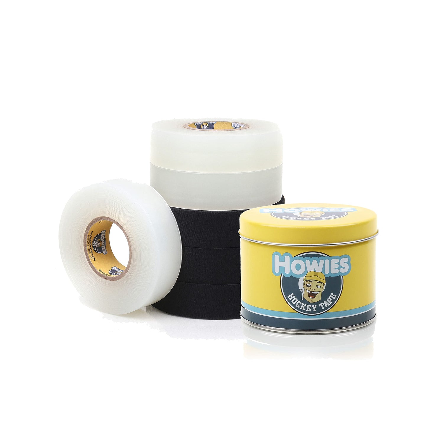 Howies Hockey Tape 6 Roll Pack - Cloth (1 Inch by 25 Yards Long) Clear/Poly (1" x 30yds) Free Tape TIN (Choose Your Colors) White, Black, Clear Shin Pad Sock Tape (6 White)