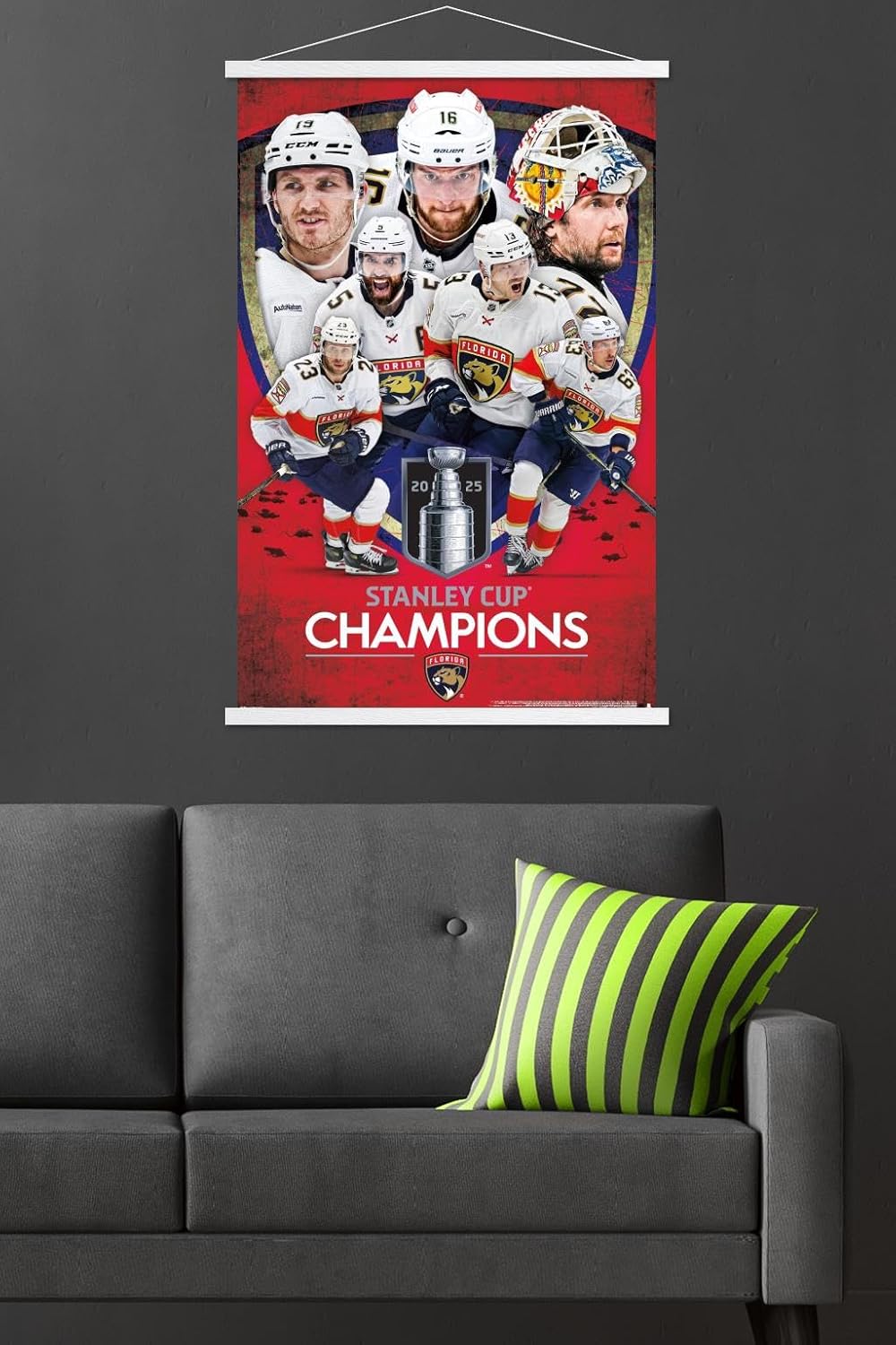 Trends International NHL Florida Panthers - 2025 Stanley Cup Champions Wall Poster with Magnetic Frame, 34L x 22.4W, Premium Print and Beechwood Hanger Bundle