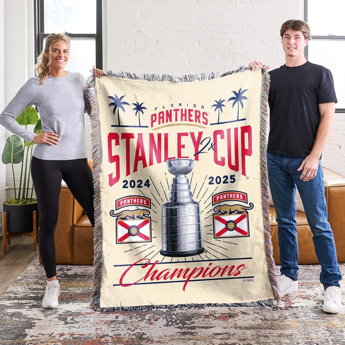 NORTHWEST Florida Panthers 2025 Stanley Cup Champions Recorded Woven Tapestry Throw Blanket – Official NHL, 48 x 60 Inches, Decorative Fringed Edges, Soft Polyester, Team Logo, Championship Gift