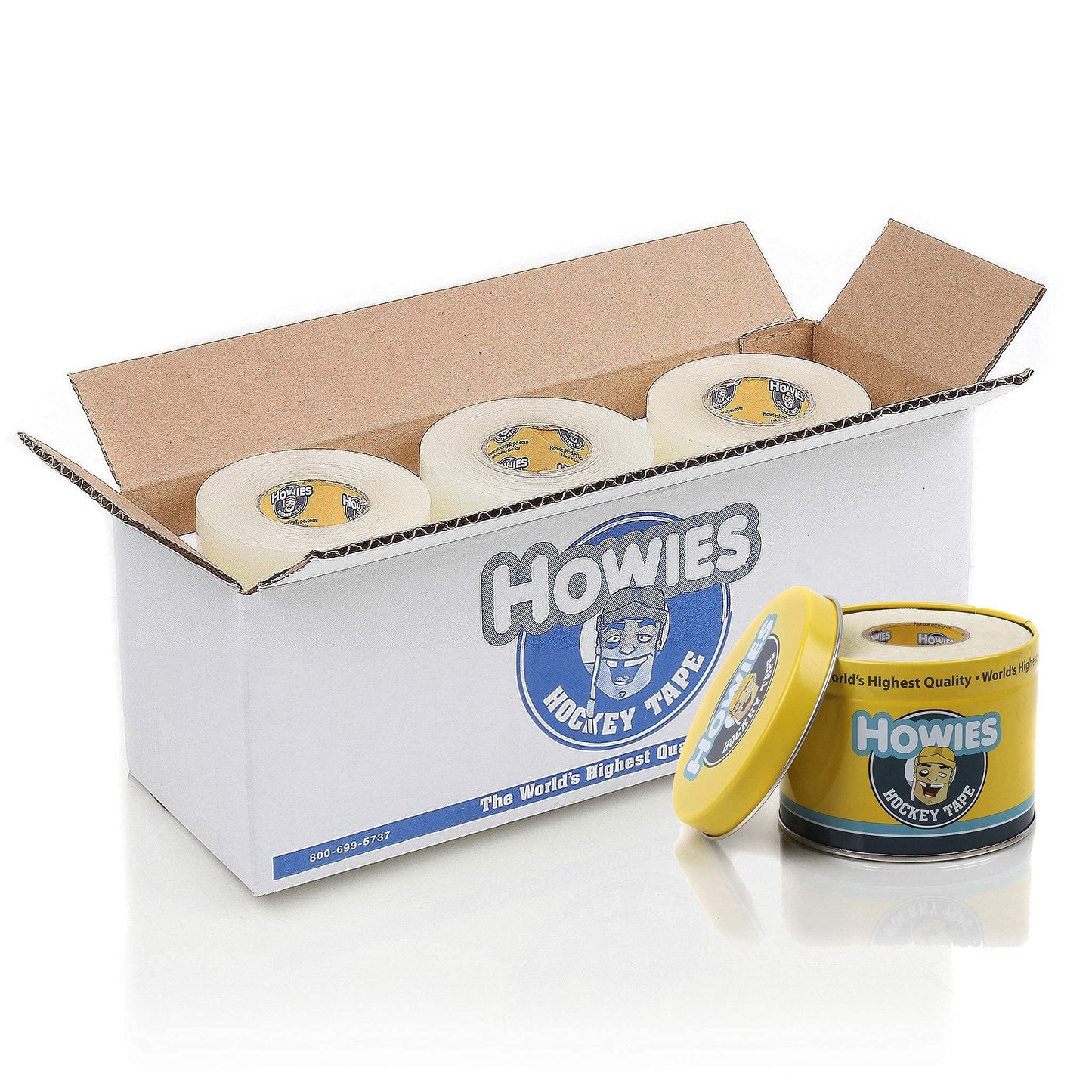 Howies Hockey Tape 6 Roll Pack - Cloth (1 Inch by 25 Yards Long) Clear/Poly (1" x 30yds) Free Tape TIN (Choose Your Colors) White, Black, Clear Shin Pad Sock Tape (6 White)