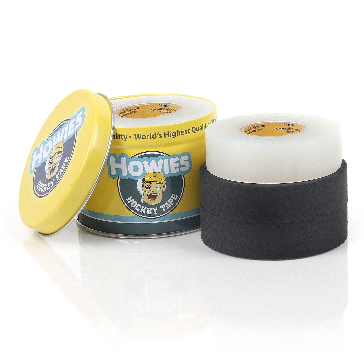 Howies Hockey Tape 6 Roll Pack - Cloth (1 Inch by 25 Yards Long) Clear/Poly (1" x 30yds) Free Tape TIN (Choose Your Colors) White, Black, Clear Shin Pad Sock Tape (6 White)