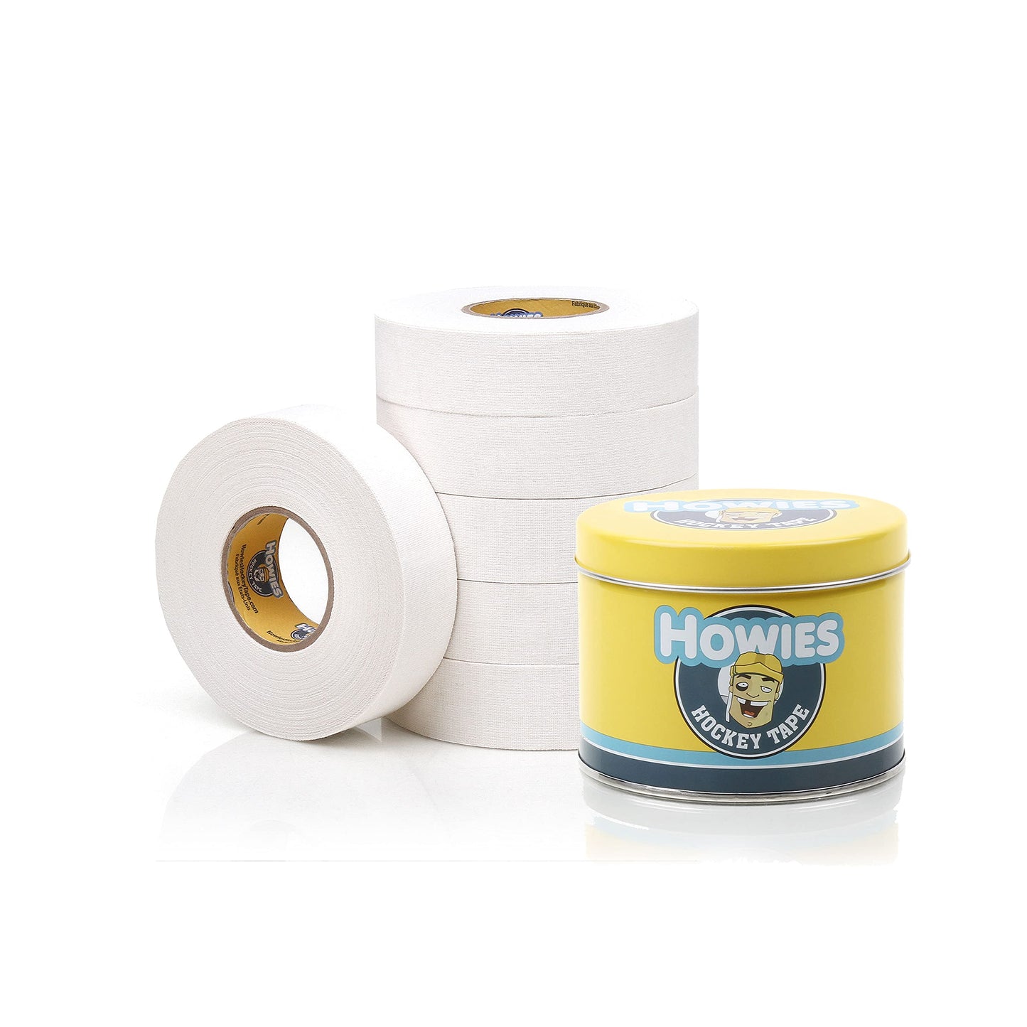 Howies Hockey Tape 6 Roll Pack - Cloth (1 Inch by 25 Yards Long) Clear/Poly (1" x 30yds) Free Tape TIN (Choose Your Colors) White, Black, Clear Shin Pad Sock Tape (6 White)