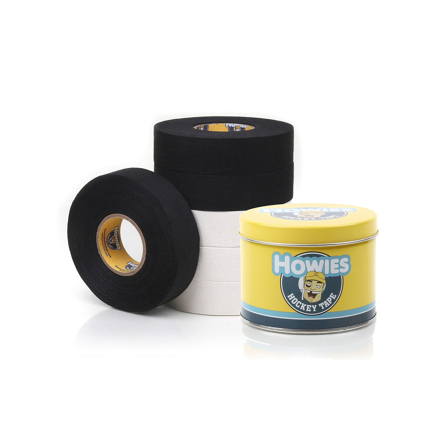 Howies Hockey Tape 6 Roll Pack - Cloth (1 Inch by 25 Yards Long) Clear/Poly (1" x 30yds) Free Tape TIN (Choose Your Colors) White, Black, Clear Shin Pad Sock Tape (6 White)
