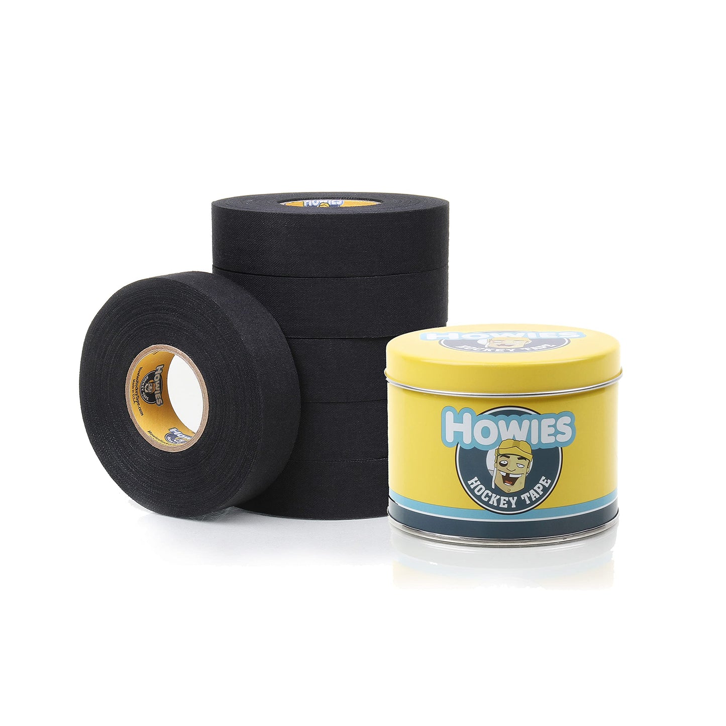 Howies Hockey Tape 6 Roll Pack - Cloth (1 Inch by 25 Yards Long) Clear/Poly (1" x 30yds) Free Tape TIN (Choose Your Colors) White, Black, Clear Shin Pad Sock Tape (6 White)