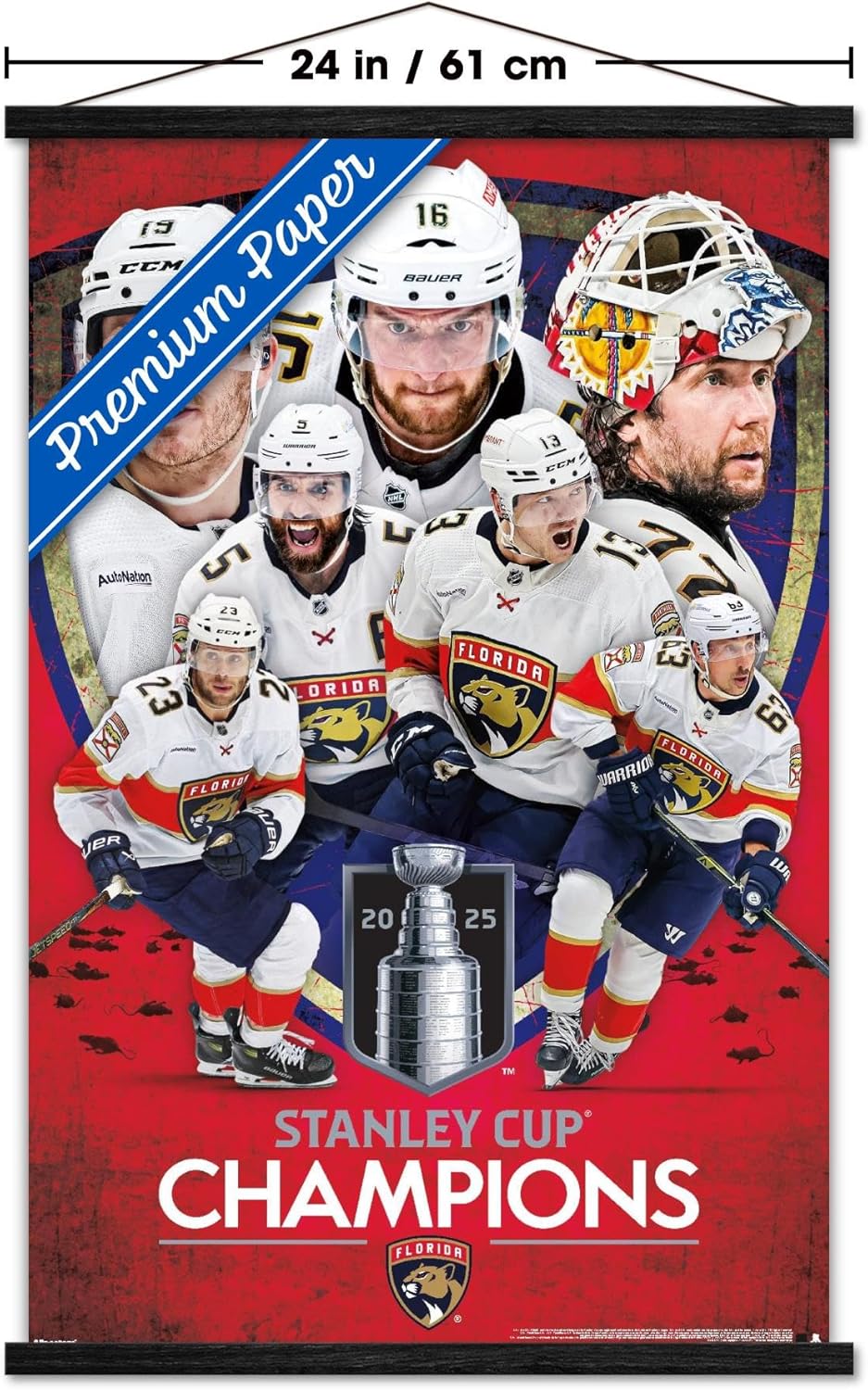 Trends International NHL Florida Panthers - 2025 Stanley Cup Champions Wall Poster with Magnetic Frame, 34L x 22.4W, Premium Print and Beechwood Hanger Bundle