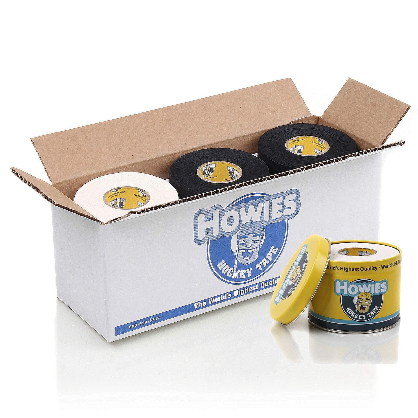 Howies Hockey Tape 6 Roll Pack - Cloth (1 Inch by 25 Yards Long) Clear/Poly (1" x 30yds) Free Tape TIN (Choose Your Colors) White, Black, Clear Shin Pad Sock Tape (6 White)