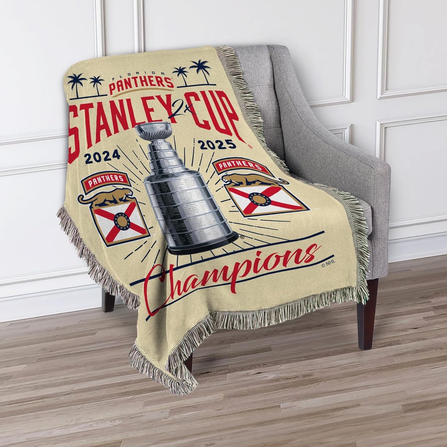 NORTHWEST Florida Panthers 2025 Stanley Cup Champions Recorded Woven Tapestry Throw Blanket – Official NHL, 48 x 60 Inches, Decorative Fringed Edges, Soft Polyester, Team Logo, Championship Gift