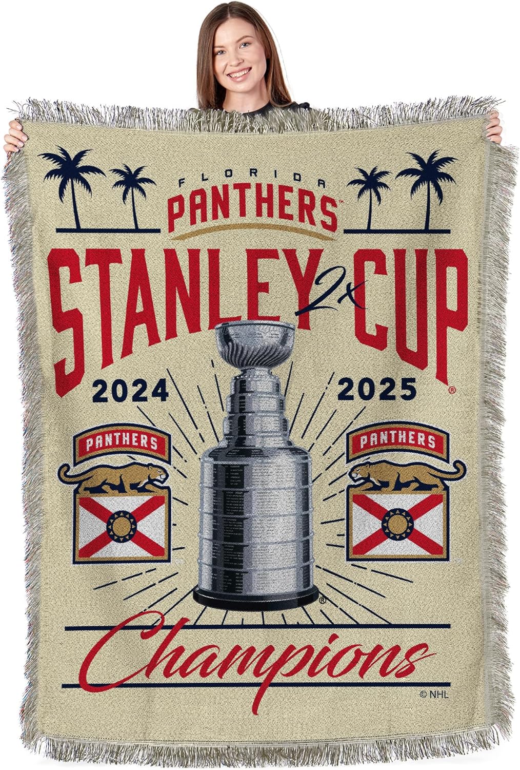 NORTHWEST Florida Panthers 2025 Stanley Cup Champions Recorded Woven Tapestry Throw Blanket – Official NHL, 48 x 60 Inches, Decorative Fringed Edges, Soft Polyester, Team Logo, Championship Gift