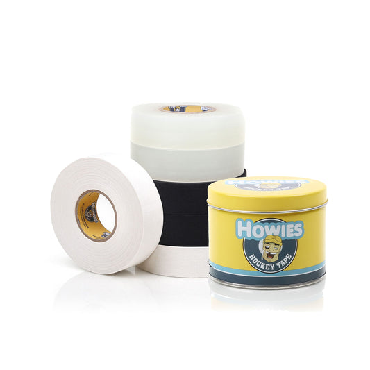 Howies Hockey Tape 6 Roll Pack - Cloth (1 Inch by 25 Yards Long) Clear/Poly (1" x 30yds) Free Tape TIN (Choose Your Colors) White, Black, Clear Shin Pad Sock Tape (6 White)