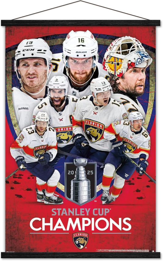 Trends International NHL Florida Panthers - 2025 Stanley Cup Champions Wall Poster with Magnetic Frame, 34L x 22.4W, Premium Print and Beechwood Hanger Bundle