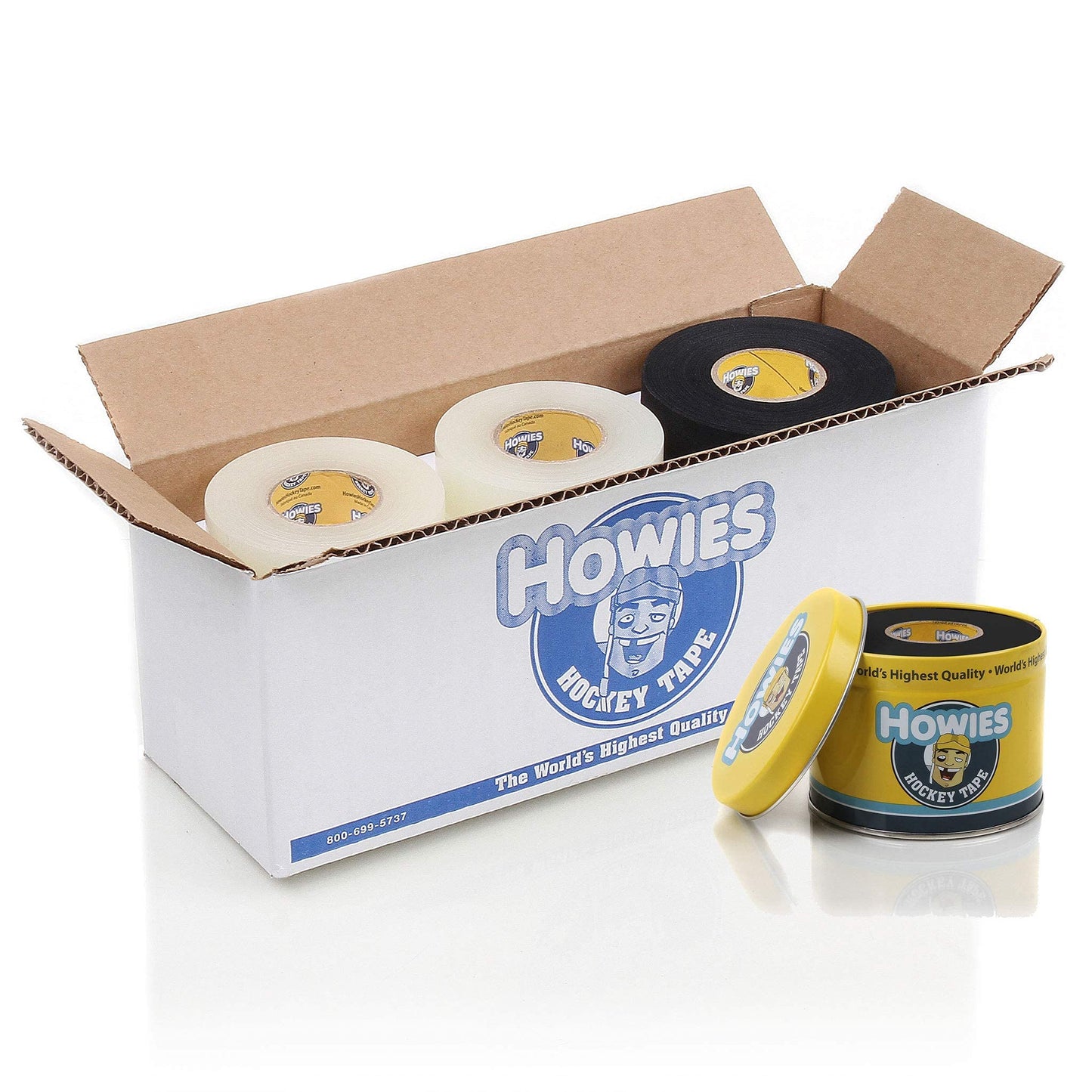 Howies Hockey Tape 6 Roll Pack - Cloth (1 Inch by 25 Yards Long) Clear/Poly (1" x 30yds) Free Tape TIN (Choose Your Colors) White, Black, Clear Shin Pad Sock Tape (6 White)